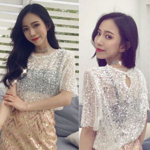 Áo Thun Nữ Dáng Rộng Mùa Xuân Hè Phong Cách Hàn Quốc Lưới Lưới Lấp Lánh Chắp Vá Gợi Cảm Xuyên Suốt Tay Ngắn Cổ Tròn