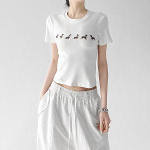 MUYUZI | White Printed Short Sleeve Slim Fit College Style T-Shirt