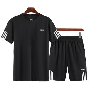 Sports Suit Mens Summer Casual Two-Piece Suit Workout Clothes Morning Running Quick Drying Clothes Loose Crew Neck T-shirt Short Sleeves