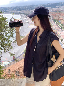 about Poem Womens Loose Fit Stripe Shirt Sleeveless Turn-down Collar Button Detail Casual Summer Top in Linen Blend