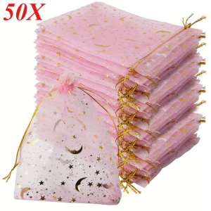 50PCS Pink Moon Stars Drawstring Organza Bags Jewelry Gift Bags Pouches Gold Star Organza Favor Pouches for Christmas Wedding