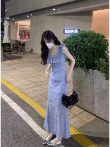 Gentle Summer Floral Print Dress Womens Slimming A-Line Skirt Square Collar Sleeveless Polyester Fiber Long Dress