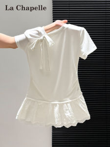 La Chapelle | Lace Border Bowtie T-Shirt Slim Fit Top