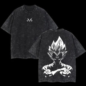 Bandai | DRAGON BALL Mens and Womens Washed T-Shirt Majin Vegeta Summer and Spring  Anime Tee Retro Trendy Distressed Short Sleeve