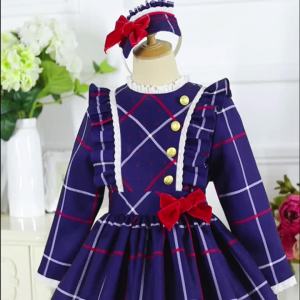 Pettigirl | Pettigirl Girls Autumn and Winter British Style Casual Royal Blue Plaid Long Sleeve Dress Christmas Campus Day Birthday Dress
