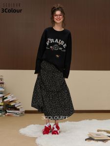 3COLOUR·S | Casual Loose Round Neck Drop Shoulder Sweatshirt with Embroidery Black