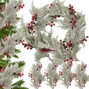2Pcs Snowy Artificial Cedar Picks with Red Berries Frosted Faux Cedar Sprays for Christmas Tree Wreath Floral Arrangement Vase Winter Holiday Decoration