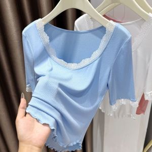 plus Size Square Collar Short Sleeve T-Shirt Womens Fashion Summer Lace Splice Slimming Base Shirt Inner Wear Top