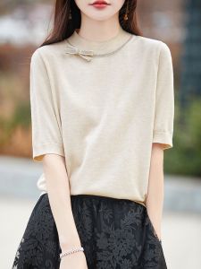 เสื้อยืดคอกลมแขนสั้นผ้าขนสัตว์เนื้อบางสำหรับฤดูร้อน ทรงหลวม ผูกโบว์ ประดับเพชร สำหรับผู้หญิง เสื้อชั้นในสีพื้น