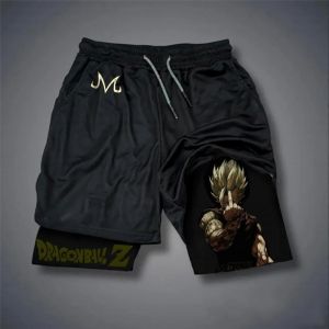Dragon Ball Mens Shorts Double Layer 2-in-1 Pants Vegeta Japan Anime Summer and Autumn Fake Two-piece Sports Running Sweatpants