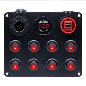8 Gang 12/24V ON-Off Toggle Rocker Switch Panel Waterproof Toggle LED Switch Panel Marine Ignition USB Switch Multi-Functions Panel for RV Car Boat Vehicle 2 USB Charger Car Boat Truck Camper car accessories