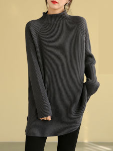 เสื้อสเวตเตอร์ถักยาวคลุมสะโพกสำหรับผู้หญิงในฤดูใบไม้ร่วงและฤดูหนาว เสื้อชั้นในทรงหลวมคอปกสูงครึ่งตัว เสื้อคลุมกันหนาวแบบสวมหัว