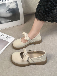 รองเท้า Mary Jane ส้นแบนแบบสวมสำหรับผู้หญิง ทรงหัวมน ส้นเตี้ย พื้นยาง รองเท้าแฟชั่นฤดูร้อน รองเท้าหนังสีพื้น รองเท้าผูกโบว์ รองเท้าส้นแบนสไตล์ย้อนยุค