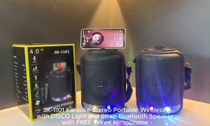 SK-1101 Karaoke Stereo Portable Wireless with DISCO Light and Strap Bluetooth Speaker with Wired Microphone