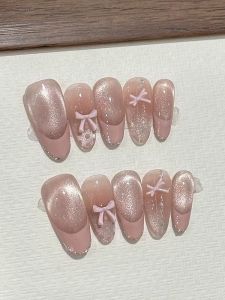 Elegant Cat Eye Polka Dot Pink French Style 3D Bow Knot Shiny Edge Wearable Nail Art False Nails Tips with Glue for Women