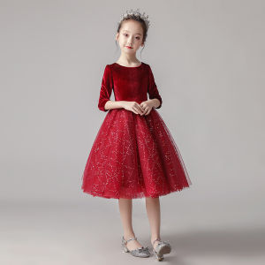 Classy Girl Tulle Tutu Long-Sleeved Red Flower Girl Princess Dress Childrens Catwalk Host Evening Dress Costume for Piano Performance