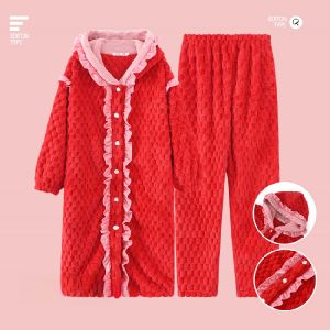 Red Zodiac Year Sleepwear Set Womens Autumn Winter Thickened Coral Fleece Medium Length Robe Home Clothes Can Be Worn outside