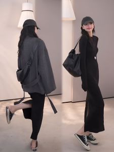 Elegant Black Long Sleeve Cotton Dress with Back Split Confidence Straight Cut Midi Dress for Women Autumn 2025 Daily Wear