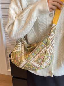 Trendy Ethnic Canvas Crossbody Bag Womens Fashionable Shoulder Bag Casual Simple Style Zipper Closure Soft Geometric Pattern
