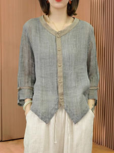 Áo Sơ Mi Vải Lanh Cotton Rộng Rãi Mùa Hè Mới Cho Nữ Dáng Ôm Chất Liệu Vải Lanh Cổ Chữ V Tay Dài Dáng Thường