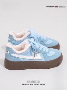 Warrior | Giày đế dày mùa đông cho nữ Giày đế xuồng dày màu xanh nhạt có lót lông cừu Giày thường ngày đa năng cho thanh thiếu niên