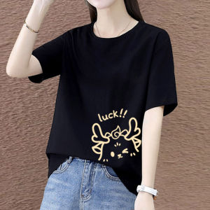 Red Short Sleeve Cotton T-Shirt Womens Loose Summer Fashion Top Print Cartoon Lettering round Neck Shoulder Casual Top