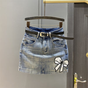 High Waist Bodycon Mini Skirt Womens Slimming Summer New Bright Embroidery Denim A-Line Skirt Cotton Polyester Blend
