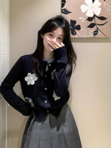 Black Embroidered Print Sweater Cardigan Korean Style Early Autumn Base Layer Inner Knitted Top Plant Floral Patterned Loose Fit