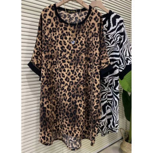 Summer New Fashion Casual Overshirt Womens K-style plus Size round Neck Western Style Slim-Fit Younger Leopard Print Dress