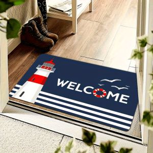 VIKAMA Nautical Lighthouse Doormat Welcome Non-Slip Bathroom Mat Soft Short Pile Ocean Themed Entry Rug Home Decor
