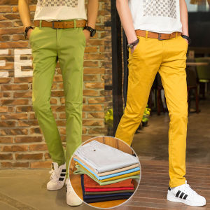 Mens Casual Pants Yellow Cotton Green Korean Style Slim Fit Small Foot Pure Cotton Elastic Colorful Long Pants Autumn