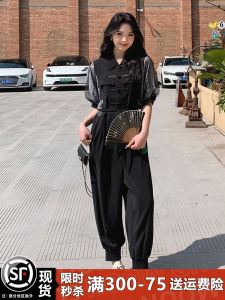 New Chinese Style Womens Romper Suit Summer 2025 Elegant Ageless High Waist Long Pants with Belt And Pockets Thin Fabric