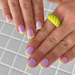 Short Square Fake Nails for Women Girls Purple Pink Nail Tips with Green Yellow Frame French Style Color Blocking Press On Nail