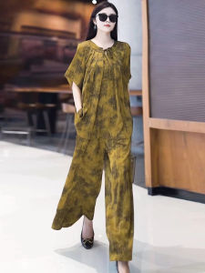 Elegant Vintage Large Size Silk Printed Top Loose Wide Leg Pants Two Piece Set Ageless Personality Summer Fashion Womens Ensemble