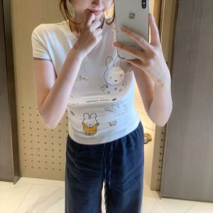 Áo Thun Nữ Tay Ngắn Ôm Vừa Vặn Cạp Cao Mùa Hè Miffy Rabbit Dễ Thương Mềm Mại Thoải Mái Chất Liệu Polyester