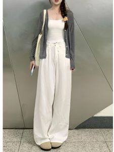 High Waist Straight Leg Ice Silk Denim Pants Womens Summer Long Folded White Wide Leg Pants Slimming Loose Floor-Length
