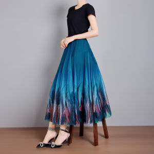 Flowy A-Line Skirt High Waist Mesh Dancewear over Knee Gradient Color Long Skirt Draping Midi Skirt for plus Size Women