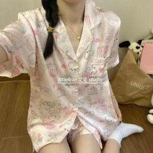Summer Ice Silk Sleepwear Womens Cute Short Sleeve Home Clothes Sweet Cartoon Little Cat Can Be Worn outside Cool Feeling