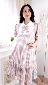 Baju Dress Hamil Model Kerah Pita Bahan Shakila Motif