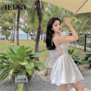 IELGY korean style fashion slim lace mesh bow halter neck dress for women