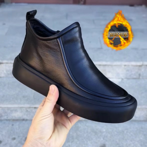 Leather Shoes Mens Casual Fashion Fleece Lined Side Zipper Leather Shoes Comfortable Breathable Short Martin Boots Winter