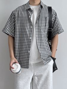 Vintage Cotton Checkered Collar Short Sleeve Shirt