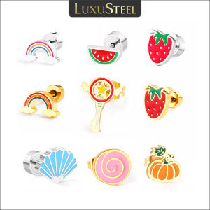 LUXUSTEEL Stainless Steel Earrings For Women Girls Kid Cute Strawberry Rainbow Vegetable Plants Stud Earring Unique Jewelry 2022