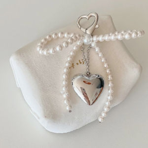 C.B.【Ready in Stock】 Sweet Pearl Bow Pendant Heart Keychain Phone/Bag Pendant Accessories Y2K Style 1Pc