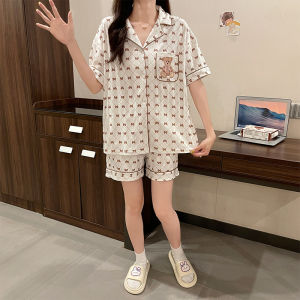 ชุดนอนผู้หญิงแขนสั้นผ้าฝ้ายแท้บางๆ ฤดูร้อน 2024 ชุดนอนผู้หญิง 2 ชิ้น ลายดอกไม้ ทรงหลวม สไตล์เรียบง่าย