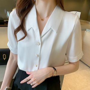 Casual Loose Short Sleeve Pure Color Chiffon Shirt Womens New Style Summer Fashionable Design Sense Top Korean Version Straight Cut