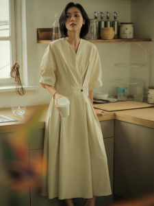 Elegant V-neck Midi Dress Womens Summer New Loose Waist A-line Skirt Cotton Blend Polyester Spandex Gauze Button Detail