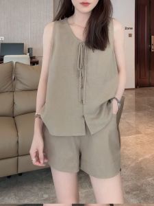 Shalldoer | Summer Outfit Womens V-neck Sleeveless Wide-leg Shorts Two-piece Set Drawstring Design Fashionable and Attractive