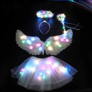 Fashion Kids Baby 2-8yrs Photography Props Amazing LED Light White Angel Feather Wings Costume Headband Fairy Wand