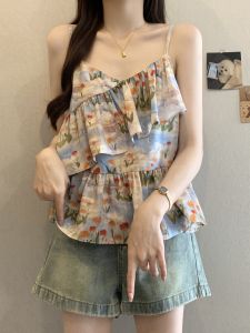 Beach Style V-Neck Tank Strap Plus Size Slimming Sweet Floral Sleeveless Top